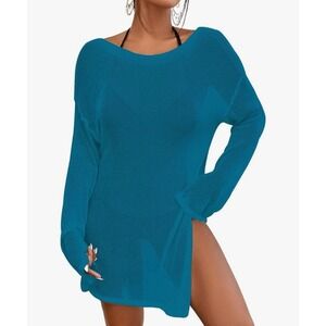 Bsubseach Crochet Swimsuit Coverup Mesh Dress One Size NEW Blue